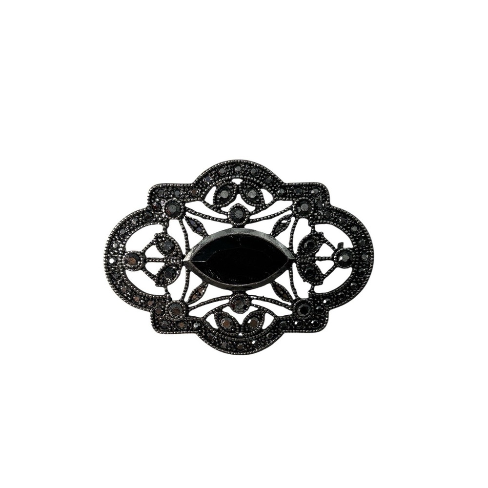 Vintage Signed‎ RMN Silver Tone Marcasite Faux Hematite Center Brooch Pin